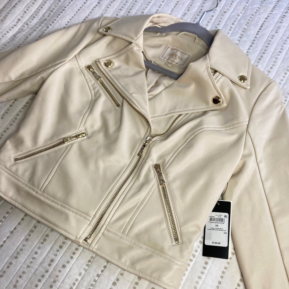 =^.^= NWT Guess Faux Leather Cream Moto Jacket Cropped Modern Feminine XS